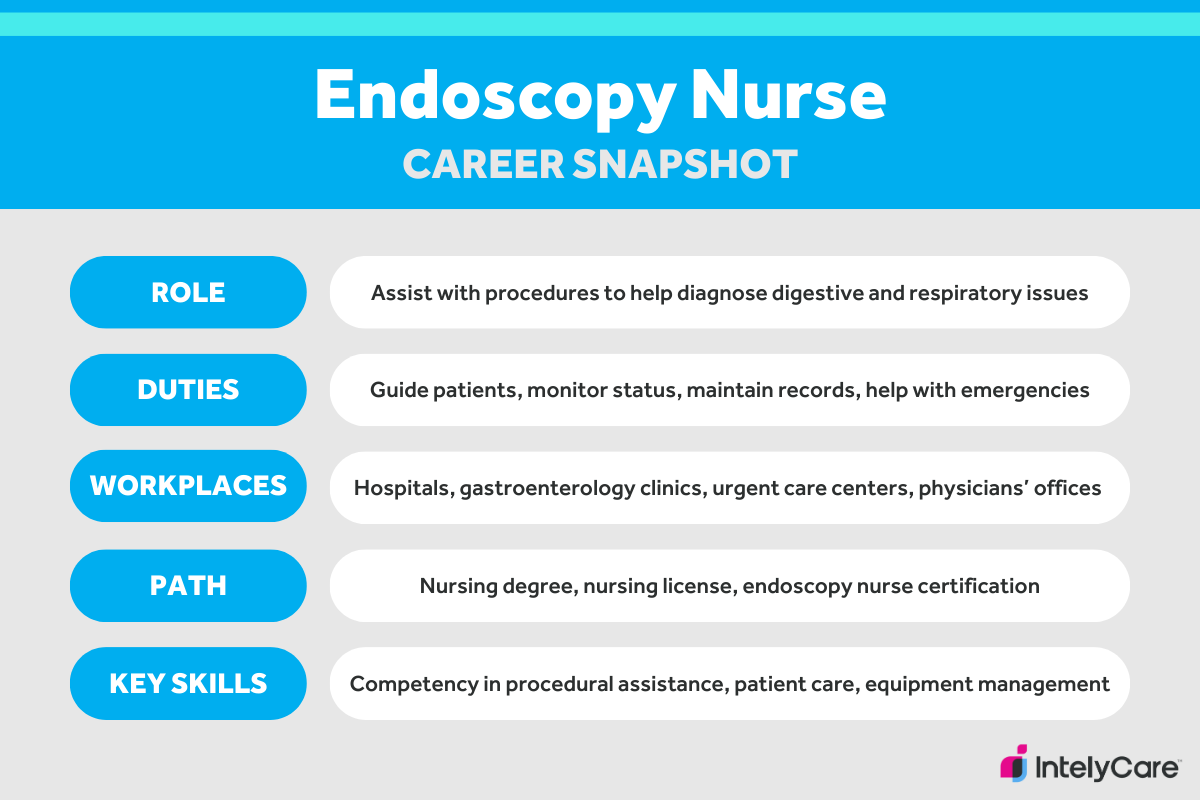 A graphic career summary for an endoscopy nurse, including role, duties, workplaces, path, and key skills.