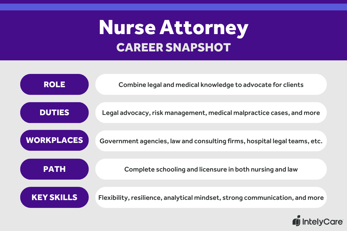A graphic career summary for a nurse attorney, including role, duties, workplaces, path, and key skills.