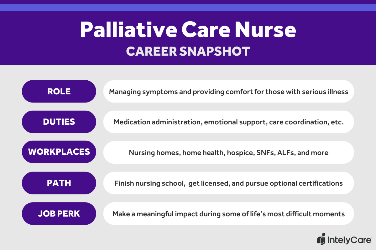 Graphic showing a summary of the role of a palliative care nurse, including role, duties, workplaces, path, and job perks.