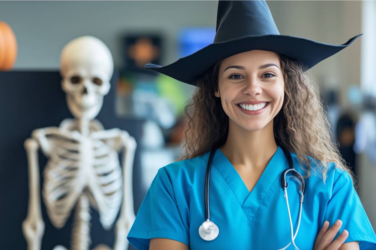 A nurse smiles as she poses in one of the top halloween costumes for nurses.