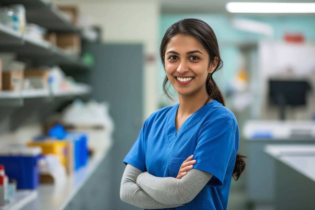 A nurse extern in blue scrubs smiles before her first shift.