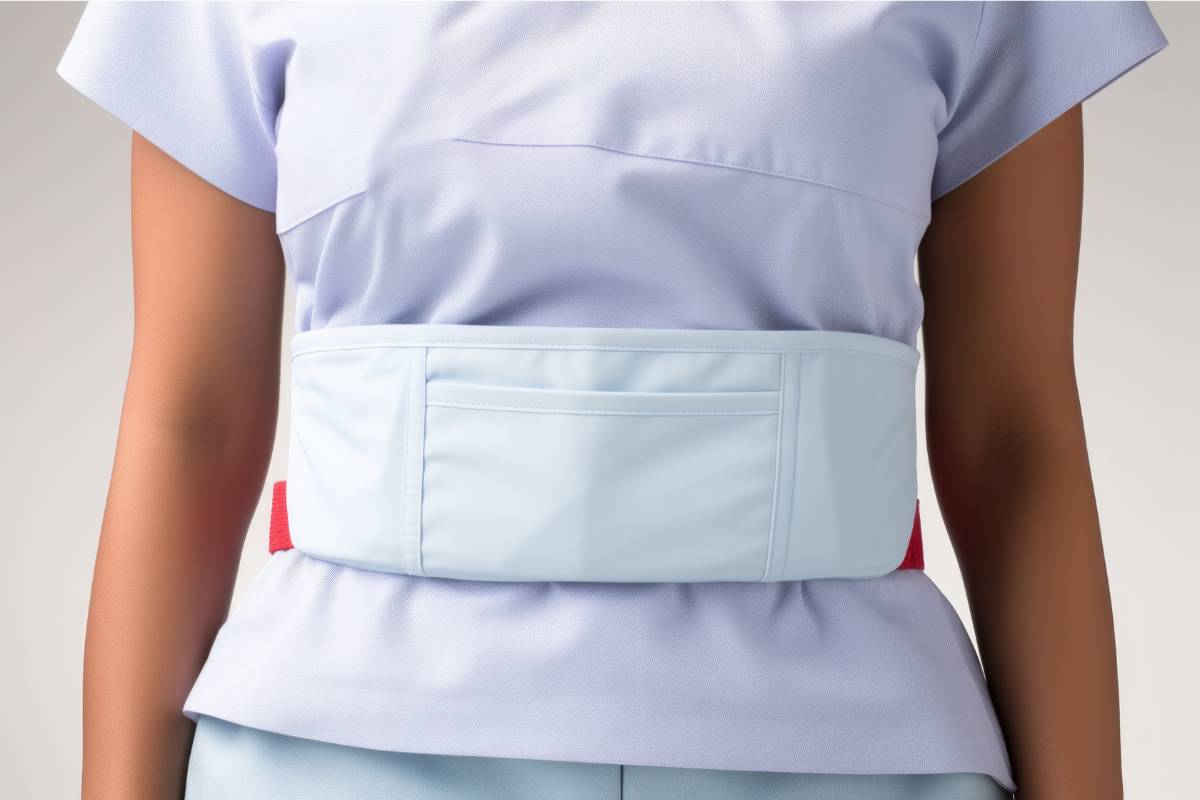 A healthcare worker with a nurse fanny pack and white scrubs.