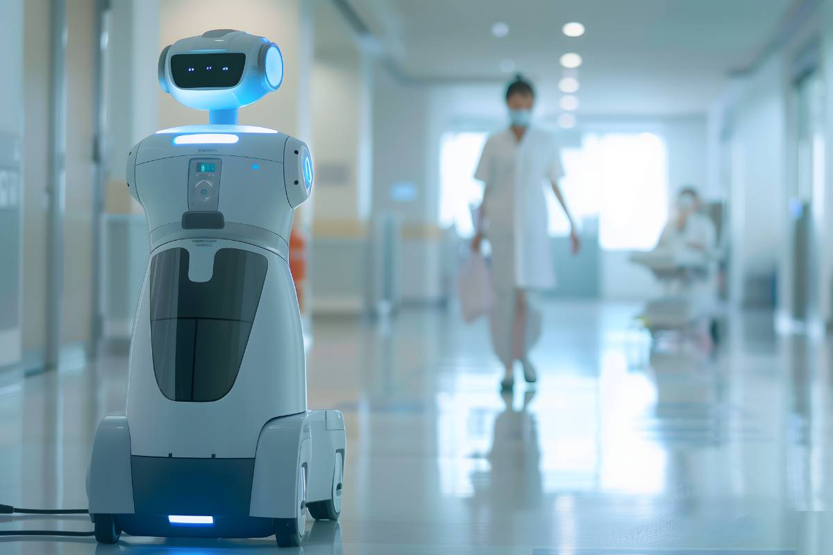 A robot nurse sits in a hospital hallway.