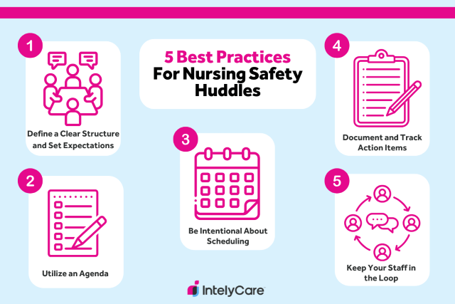 Infographic listing 5 best practices for nursing safety huddles.