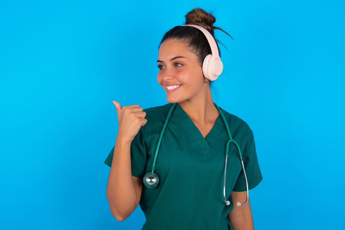 A nurse listens to healthcare podcasts while she's on break.