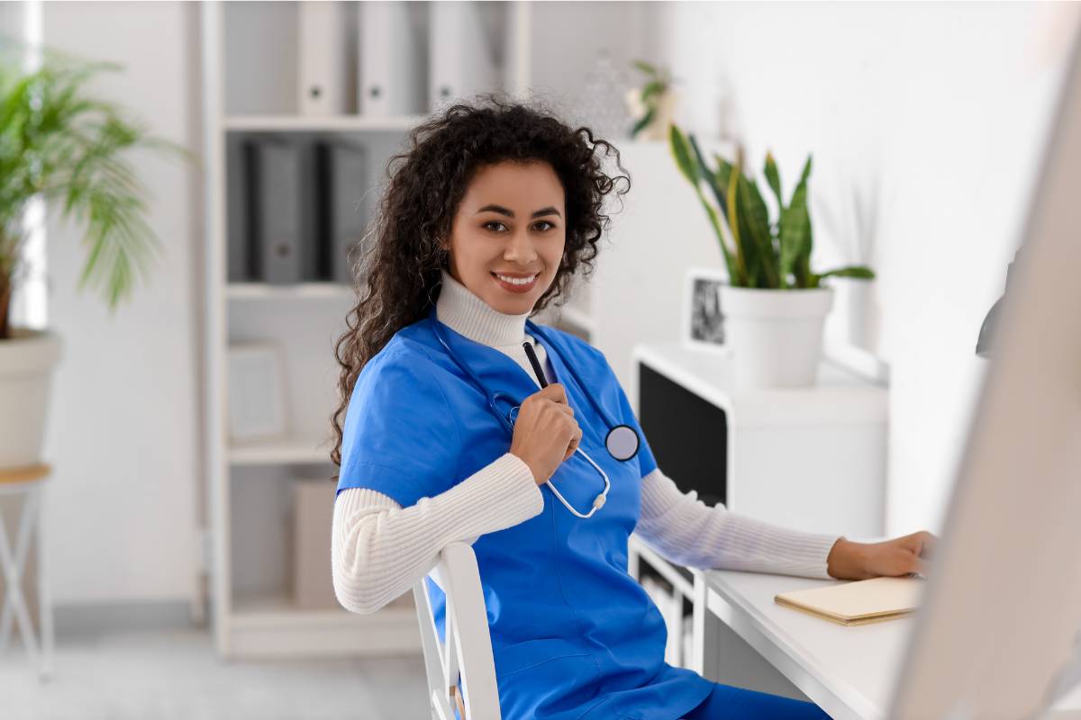 A nurse studies for her WCC certification test.